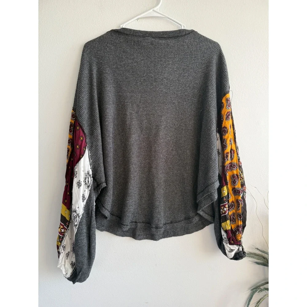 Free People We The Free Grey Waffle Knit Patchwork Paisley Sleeve Thermal Top XS